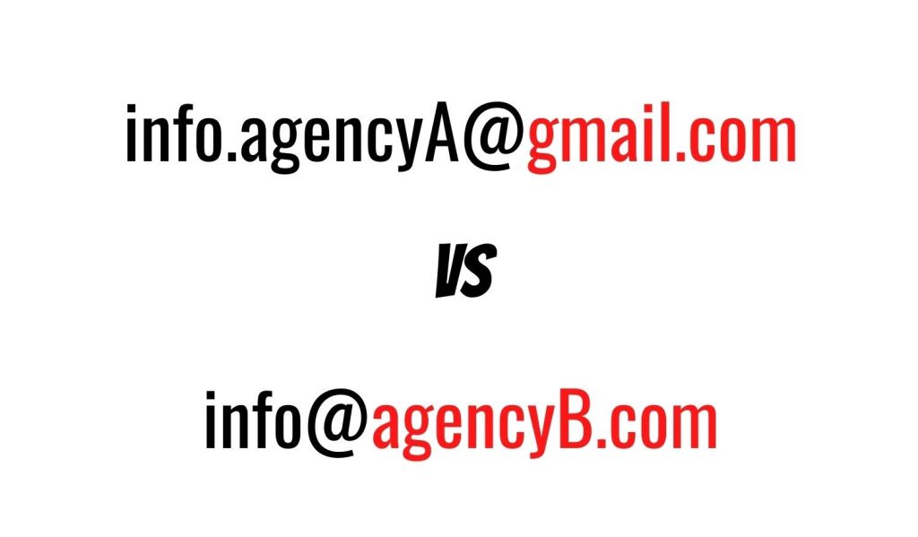 One main difference between a free email address and a custom email address is the email extension (after @). For free email address, the email extension will be will be the chosen service provider. While custom email will be showing your purchased domain name