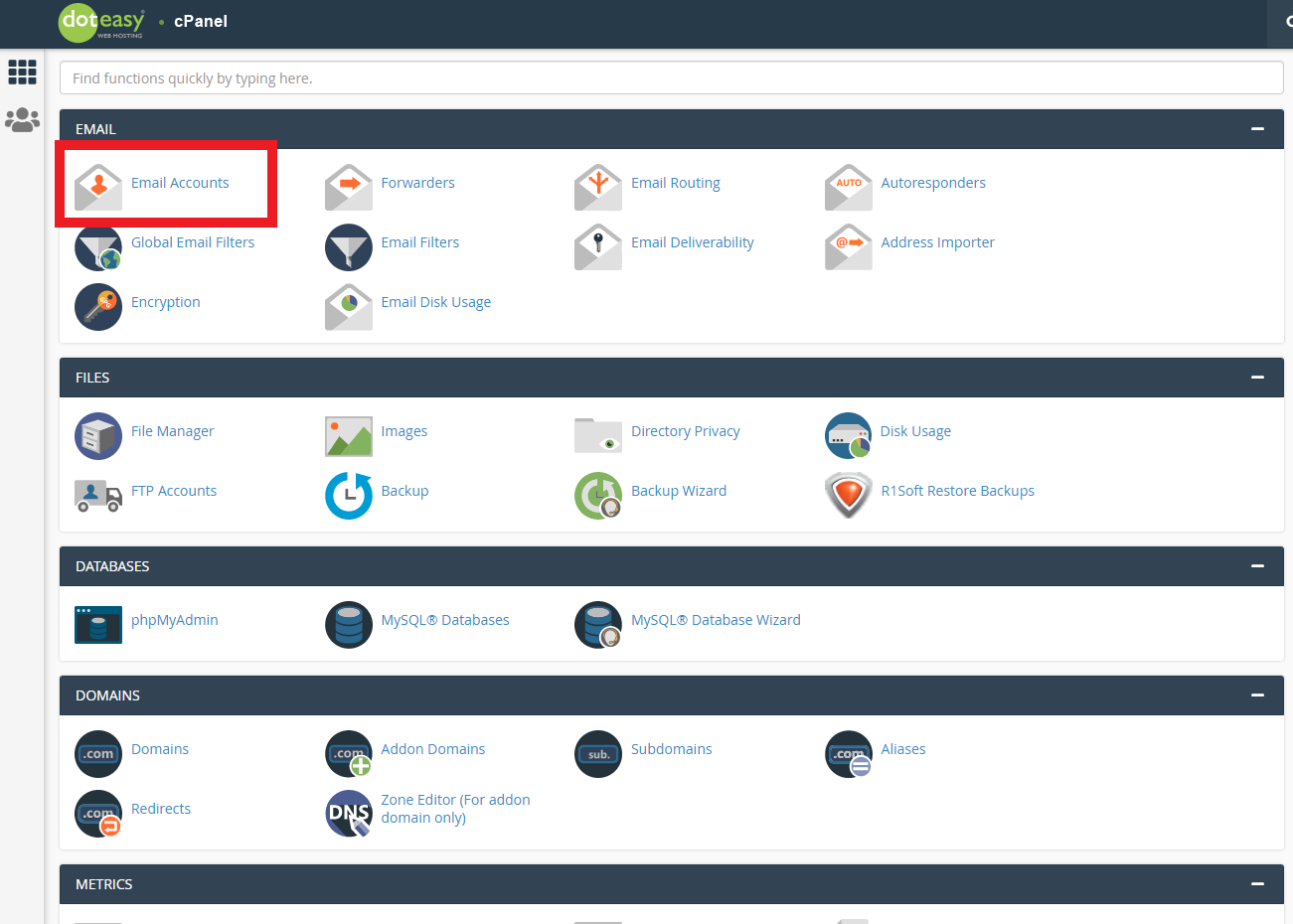 Doteasy cPanel dashboard email accounts