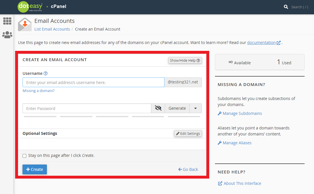 Doteasy cPanel new email account creation