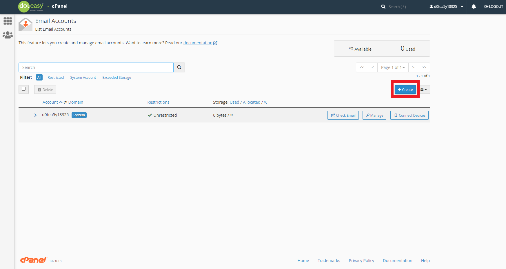 Doteasy cPanel create new email addresses