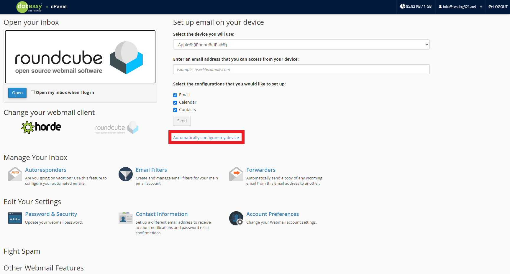 doteasy cpanel webmail login dashboard automatically configure my device