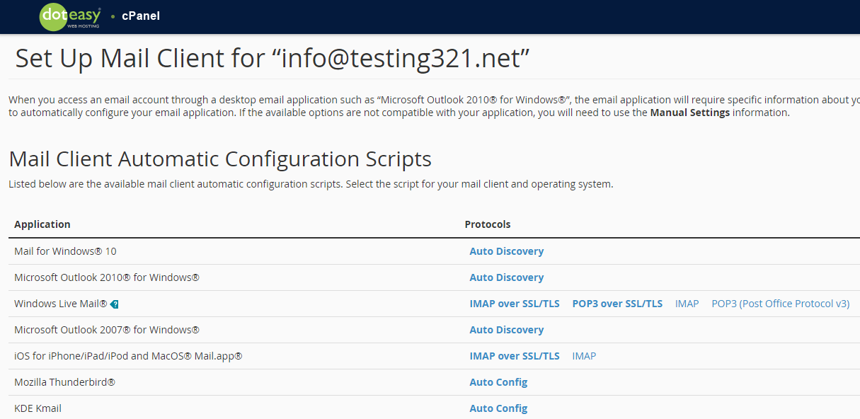 doteasy cpanel configure mail client